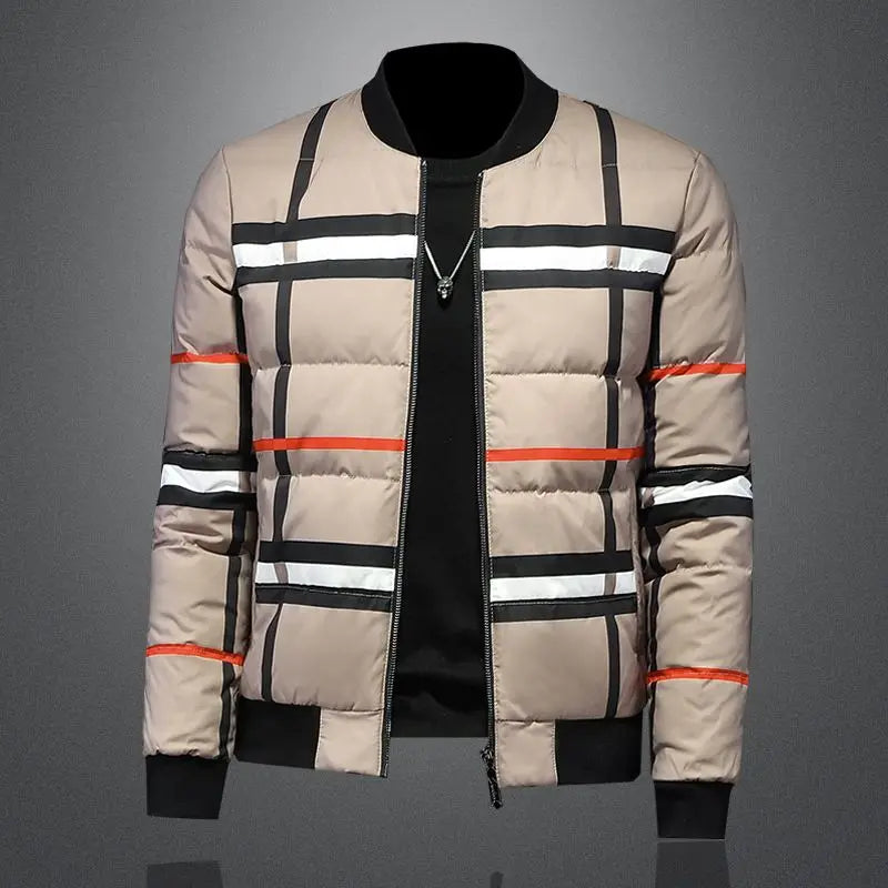 Men's baseball collar winter casual white duck down jacket plaid jacket thickened stand-up collar top