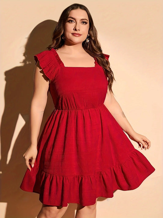 Plus Size Summer Women Elegant Dress Casual Vacation Vintage Solid Square Collar Ruffle Dresses