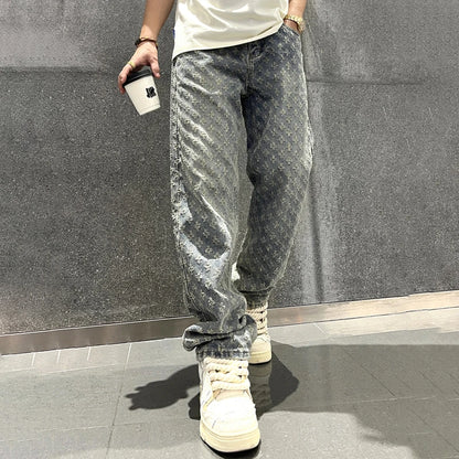 Jacquard Pattern Denim Pants Male Straight Fitting Baggy Bottoms Distressed Wide Jeans For Men