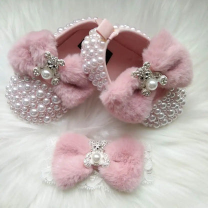 Dollbling Pink Furry Cute Bear Bow Bling Rhinestones Handmade Princess Newborn Baby Girl Shoes Wedding Party  Ballet DIY Infant