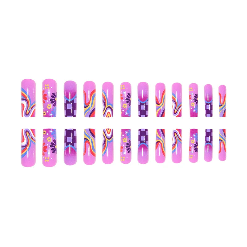 24 Long Coffins with Purple Flower Patterns ABS Full Gloss Fake Nails&1 Nail File and 1 Piece of Jelly Glue