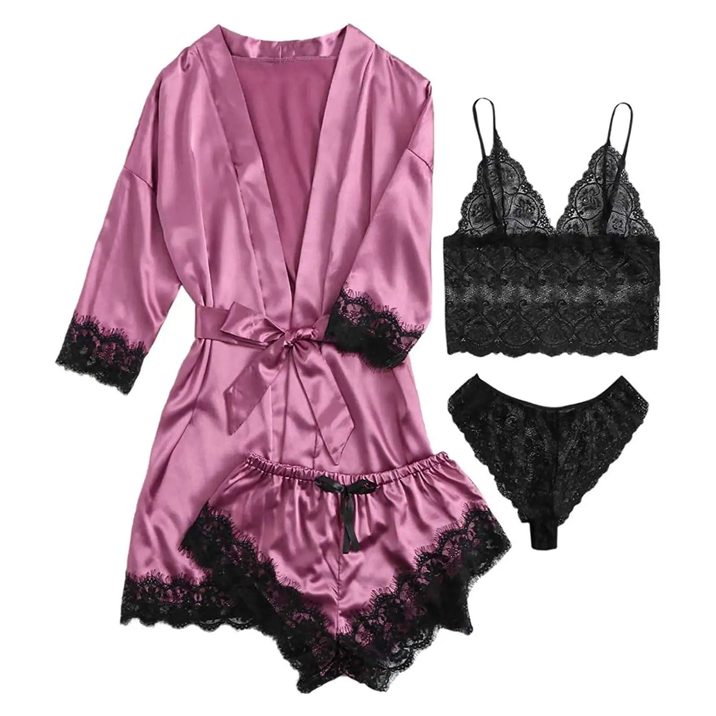 Women's Summer Sexy Pajama Pants Set 4 Pieces Lace Satin With Silk Sleepwear Robe Fashion And Comfortable Nightwear