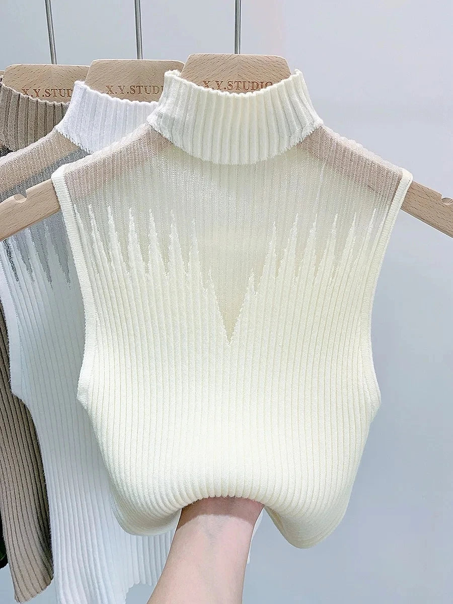 Mesh Knitted Top Half Neck Vest Sleeveless Sweater