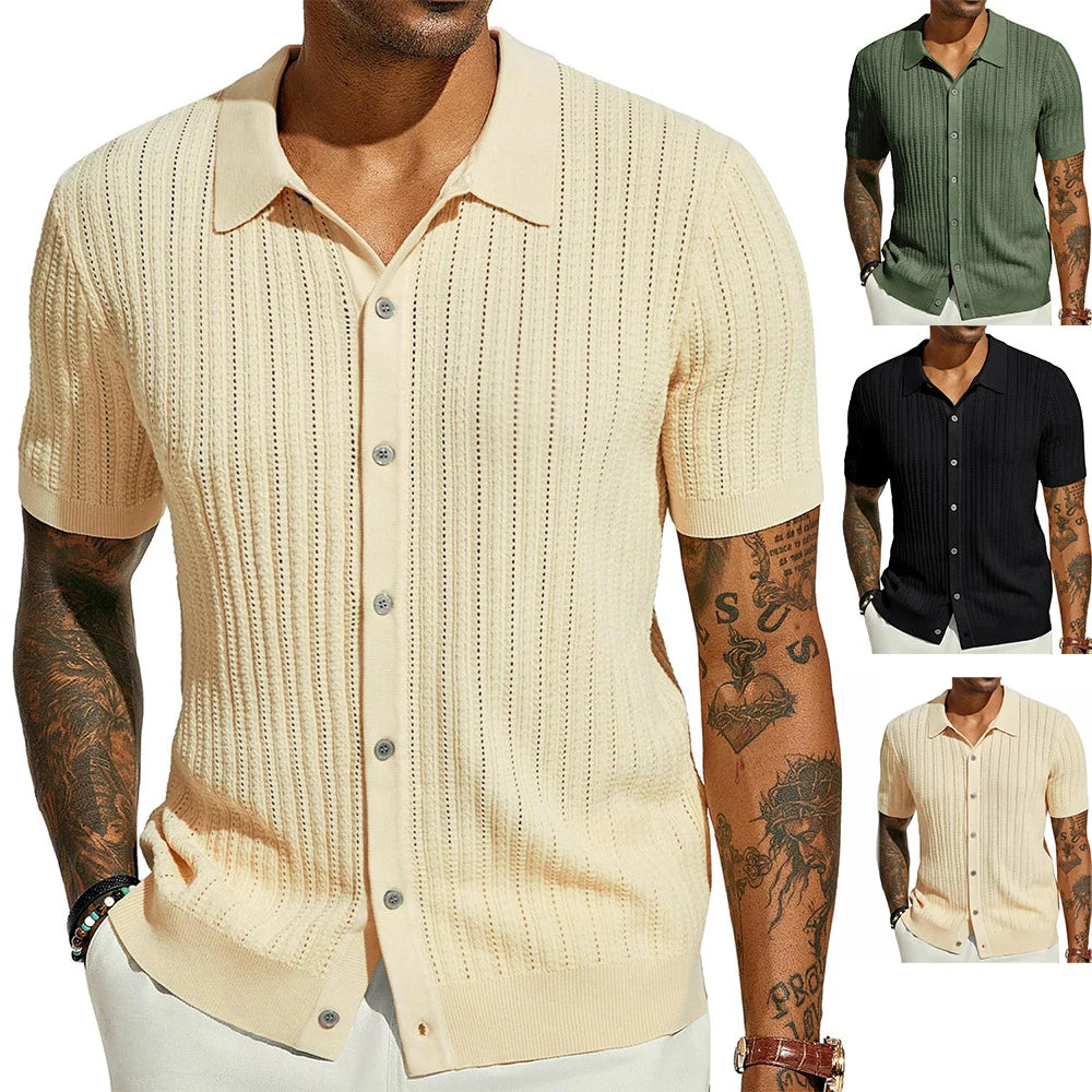 2025 New Men's Casual Tops Summer Cool Knitted Men's Shirts Short-sleeved Lapels Solid Color Hollow Breathable Clothing