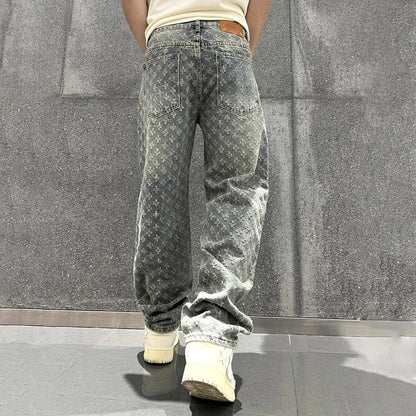 Jacquard Pattern Denim Pants Male Straight Fitting Baggy Bottoms Distressed Wide Jeans For Men