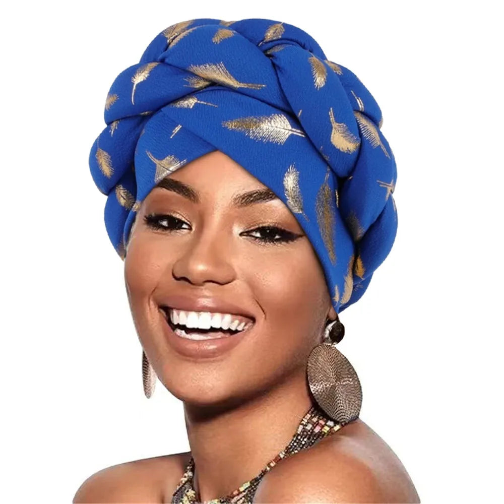 Muslim Headscarf Bonnet Turbante mujer Feather Gold Stamping Braids Turban Cap for Women Fashion African Lady Head Wraps