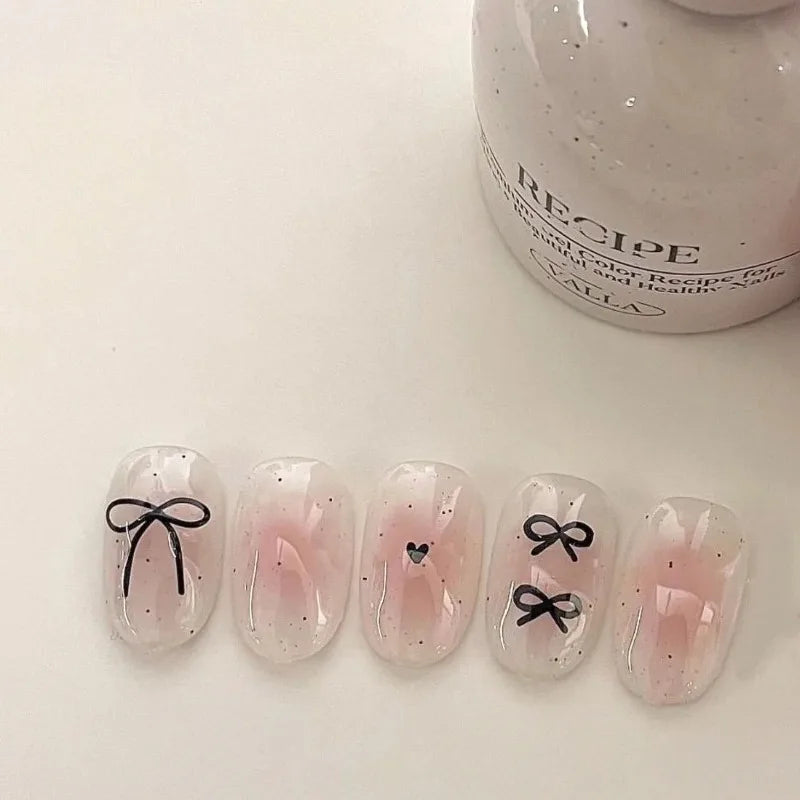 10Pcs Pink Handmade Press on Nails Short Blush Artificial False Nail Tips Black Bow Designed Sweet Girl Full Cover Fingernail