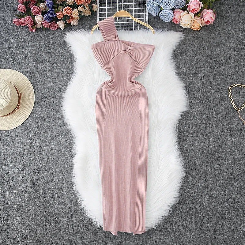 One-Shoulder Knitted Party Dress Women Sleeveless Knot Bodycon Dress