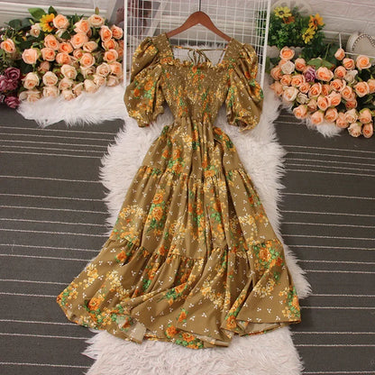 Korean Fashion Floral Print 2024 Party Dress Summer Short Puff Sleeve Vacation Women Long Dress Beach Vestidos