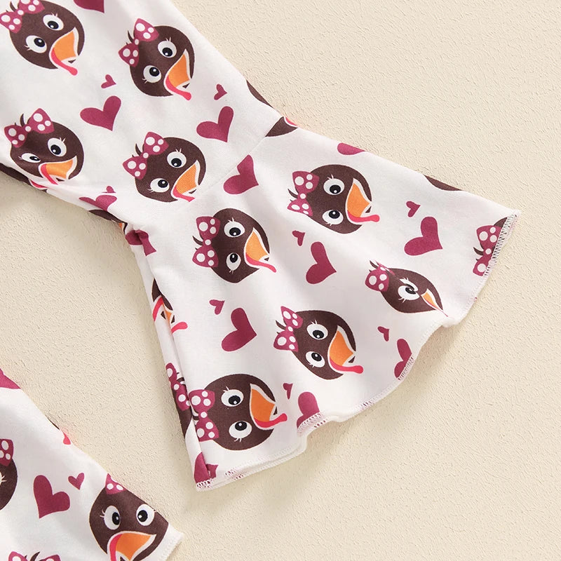 Lioraitiin Baby Girl Thanksgiving Outfit, Turkey Print Long Sleeve Romper Flared Pants Bow Headband 3Pcs Set for Fall