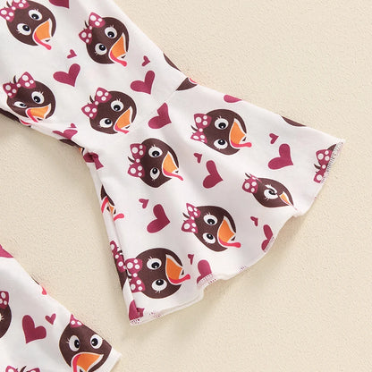 Lioraitiin Baby Girl Thanksgiving Outfit, Turkey Print Long Sleeve Romper Flared Pants Bow Headband 3Pcs Set for Fall