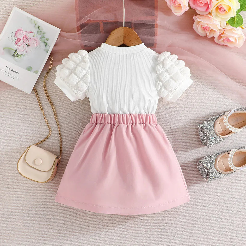 Terno For Kid Girl   Puff Sleeve Blouse and Elastic Skirt Summer Outfit Toddler Infant Clothing Set Kids Wear