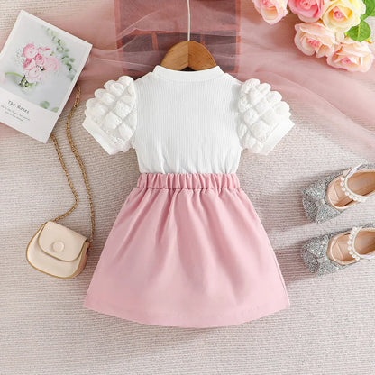 Terno For Kid Girl   Puff Sleeve Blouse and Elastic Skirt Summer Outfit Toddler Infant Clothing Set Kids Wear
