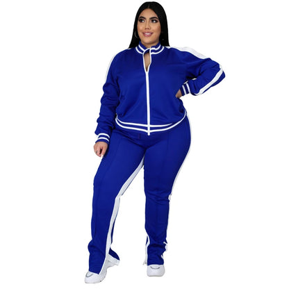 Plus Size L-5XL Two Piece Set Women Sweatsuit Zip Striped Top Slit Sweatpants Jogger Outfit Matching Set Wholesale Dropshipping