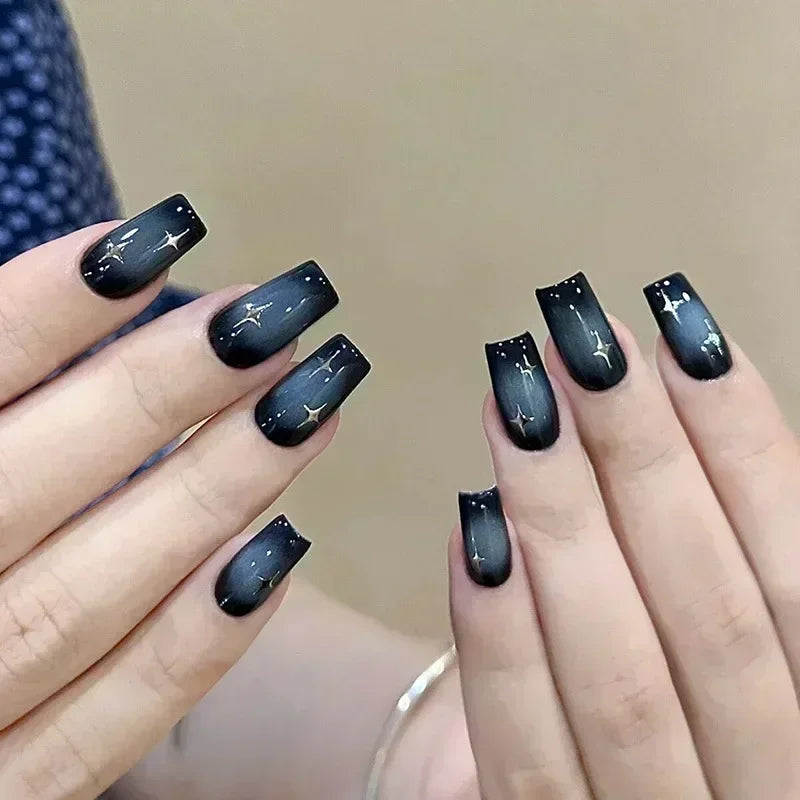 24pcs Black Short Ballet False Nails with Glue French Design Detachable Fake Nails Art Heart Full Cover Press on Nails Tips