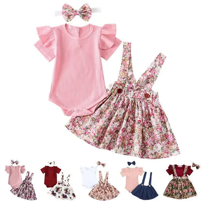 3Pcs Summer Newborn Baby Girl Clothes Set Short Sleeve Romper Floral Dress Overalls Headband Toddler Infant Clothing Cute Outfit