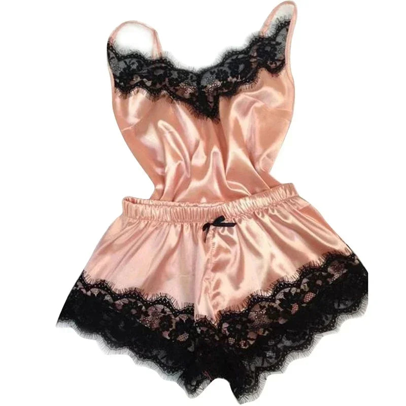 Lace Satin Pajama Set for Women Sleepwear V-Neck Stretch Sexy Lingerie Strap Vest Top Shorts Nightwear Pijamas