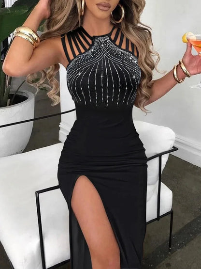 Elegant Evening Dresses for Women Slim Hot Rhinestone French Dress 2024 Sleeveless Ladies High Slit Bodycon Sexy Dress Black