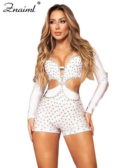 Zniaml Mesh Long Sleeve Party Night Bodycon Jumpsuit Shorts for Women Sexy Hollow Out Rhinestone Playsuit Birthday Prom Rompers