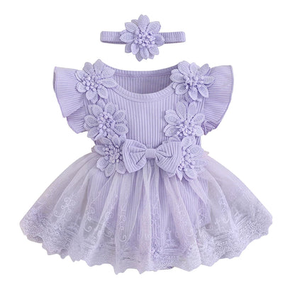 Infant Baby Girl Lace Romper Baby Tulle Dress Romper Flowers Bodysuit Spring Summer Festival Clothes with Headband