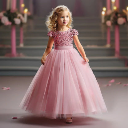 Puffy Girls Party Dress Elegant Kids Wedding Gala Prom Gown Sequin Bow