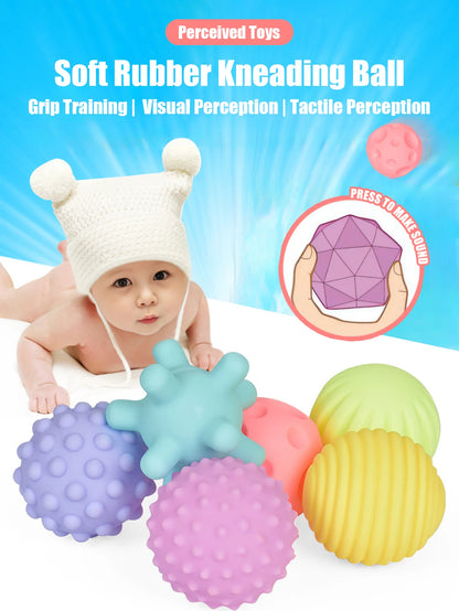 6 PCS Baby Sensory Toys Balls Baby Bath Play Water Bathroom Soft Toys Ball Can Make a Sound Soft Rubber Ball