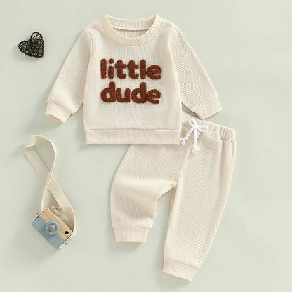 Toddler Boy Girl Waffle Outfit Letter Embroidery Long Sleeve Sweatshirt with Elastic Waist Solid Pants Set