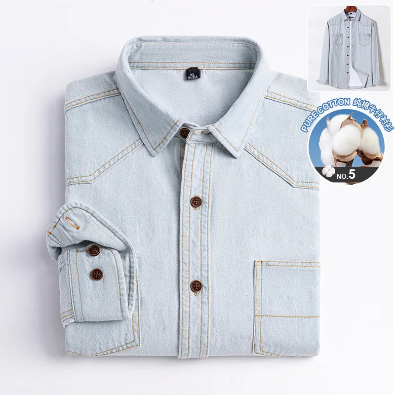 New in shirt Fahion jean shirts for men longsleeve 100%Cotton Casual shirt cowboy single pocket top social korean trends clothes