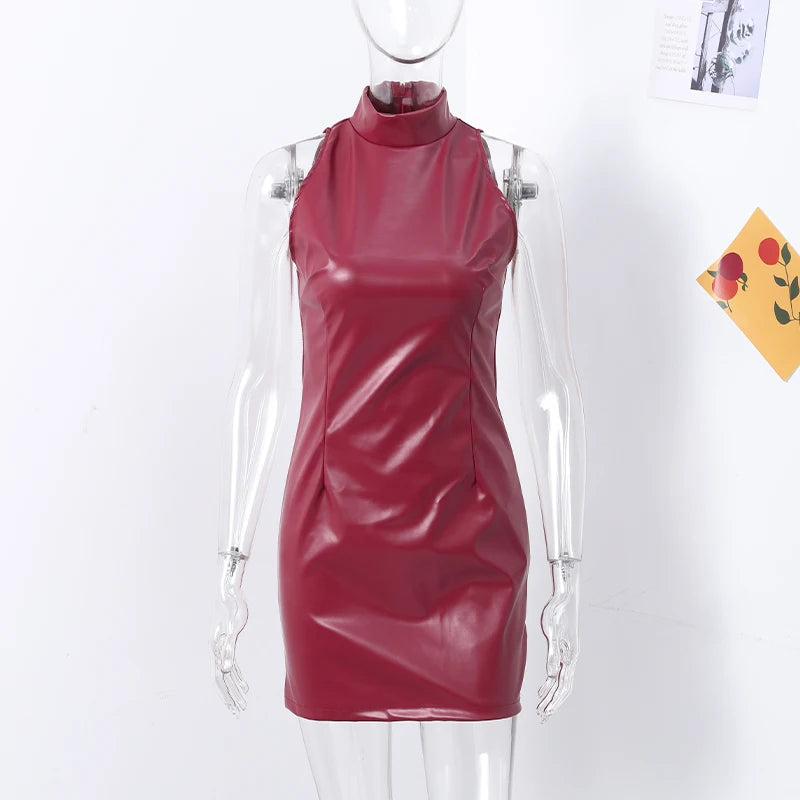 Fashion PU Leather Mini Dress Women Elegant Stand Collar Bodycon Short Party Dress Female Sexy Slim Sleeveless Evening Vestidos