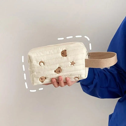 Embroidery Bear Makeup Bag Quilt Cotton Women Zipper Cosmetic Organizer Cute Wrist Make Up Pouch Portable Toiletry Case