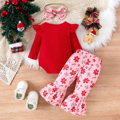 Autumn Girls Aged 0-1 Years Old, Comfortable Christmas Letter Printed Long-Sleeved Clothes + Trousers + Hair Bands