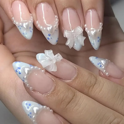 24Pcs Pink Almond French Press on Nails With 3D Bow ripple charms Design Fake Nails Ballerina False Nails Full Cover Nail Tips