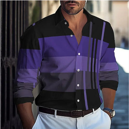 Striped Men's Business Casual 3D Printed shirt Spring/Summer lapel long sleeve Comfortable and elegant garment top