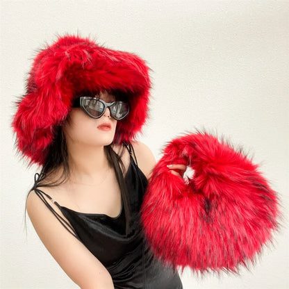 Fur bucket hat and bag set Women's warm plush autumn and winter hat Punk style imitation raccoon fur basin hat and handbag