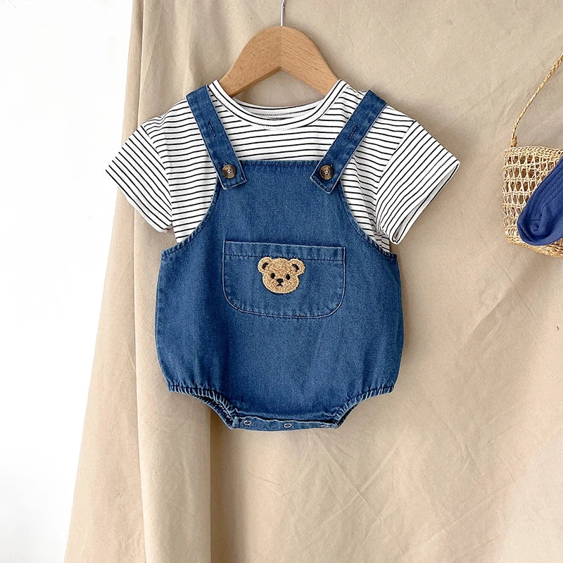 Summer Baby Clothing Set Newborn Girls Striped T-shirt and Denim Bodysuits 2Pcs Boys Cool Suits