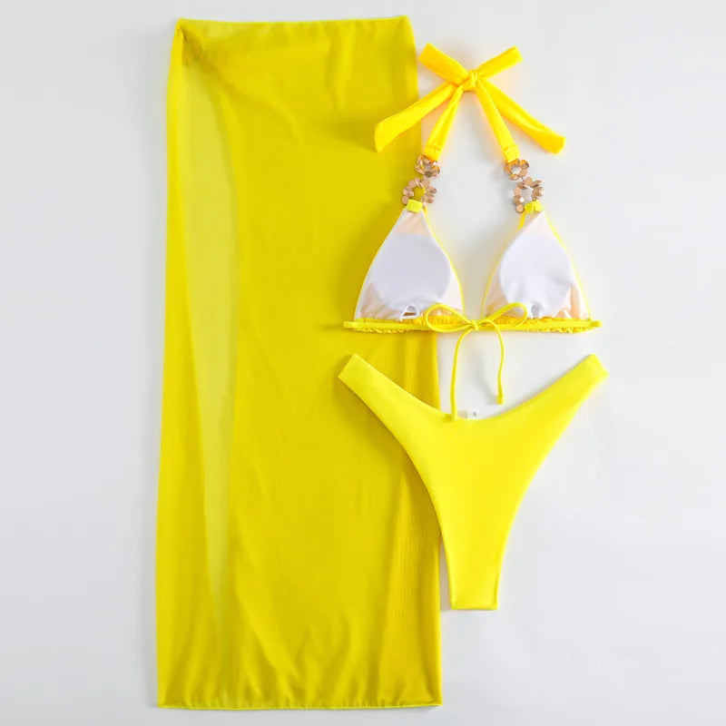 Yellow Sexy Rhinestones Bikinis 2025 Women Swimwear