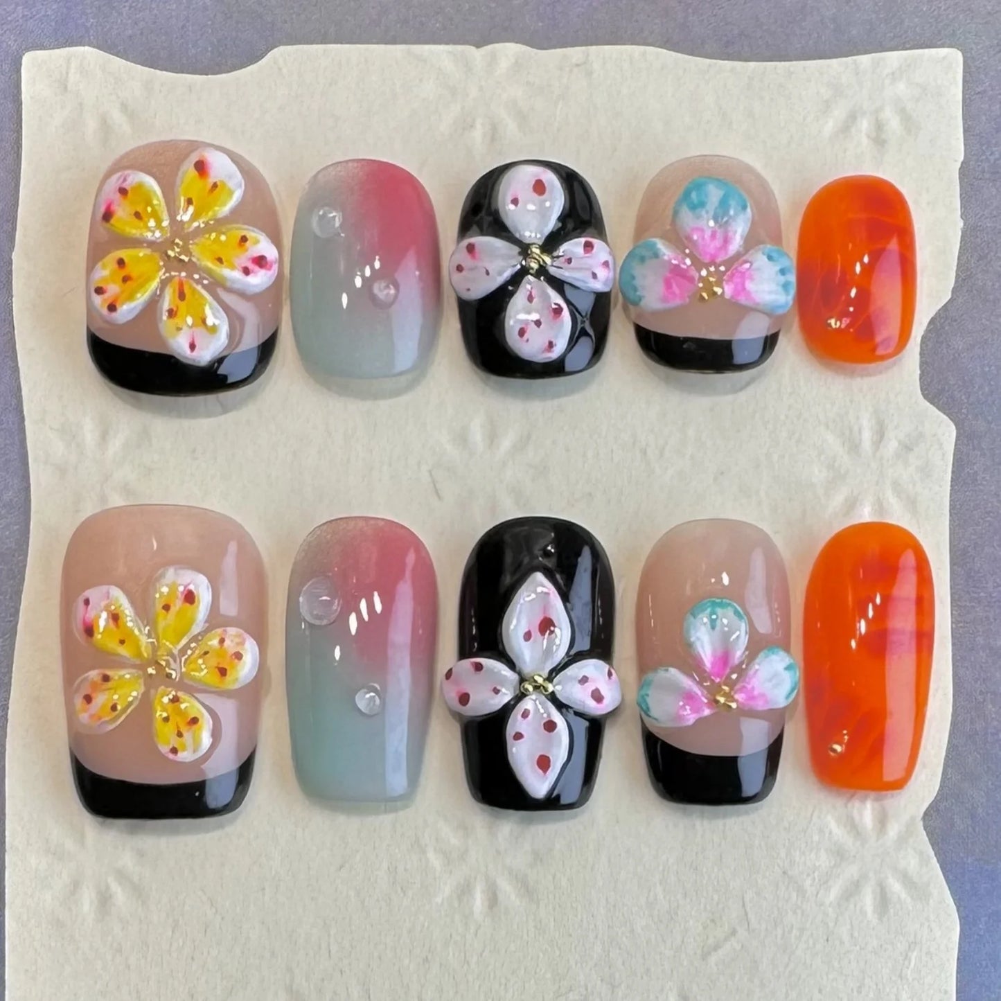 10pcs Handmade Press On Nails Black Pink French Style False Nails With Hand Painted 3D Flower Designs Short T Summer Nails Tips