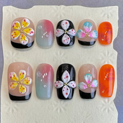 10pcs Handmade Press On Nails Black Pink French Style False Nails With Hand Painted 3D Flower Designs Short T Summer Nails Tips