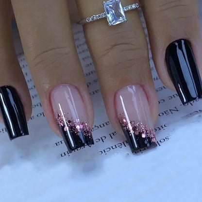 24Pcs Sweet Cool Press on Nails Short Square False Nail Gradient Glitter Line Fake Nails Full Cover Glossy Acrylic Manicure Nail