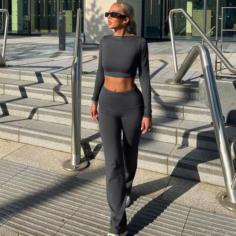 Hawthaw Women Spring Autumn Long Sleeve Crop Tops Long Pants Two Piece Matching Sets Outfits