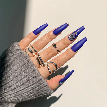 24Ps Super Long Ballet Wearable Fake Nails Blue Diamond Small Flower Press on Nail Stickers Finished Removable False Nail Pieces