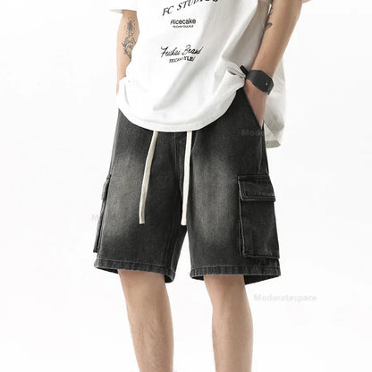 Summer Retro Fashion Denim Shorts for Men Loose Straight Leg Multi-pocket Short Jeans With Elastic Waist and Drawstring Male