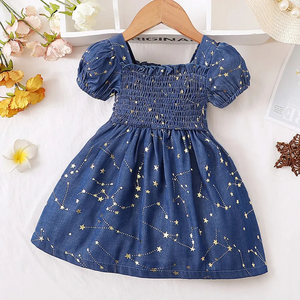 Baby Girl Summer Dress Golden Star Pattern Puff Sleeve Blue Princess Dress Fashion Party Dress for Kids Girl 3-24 Months