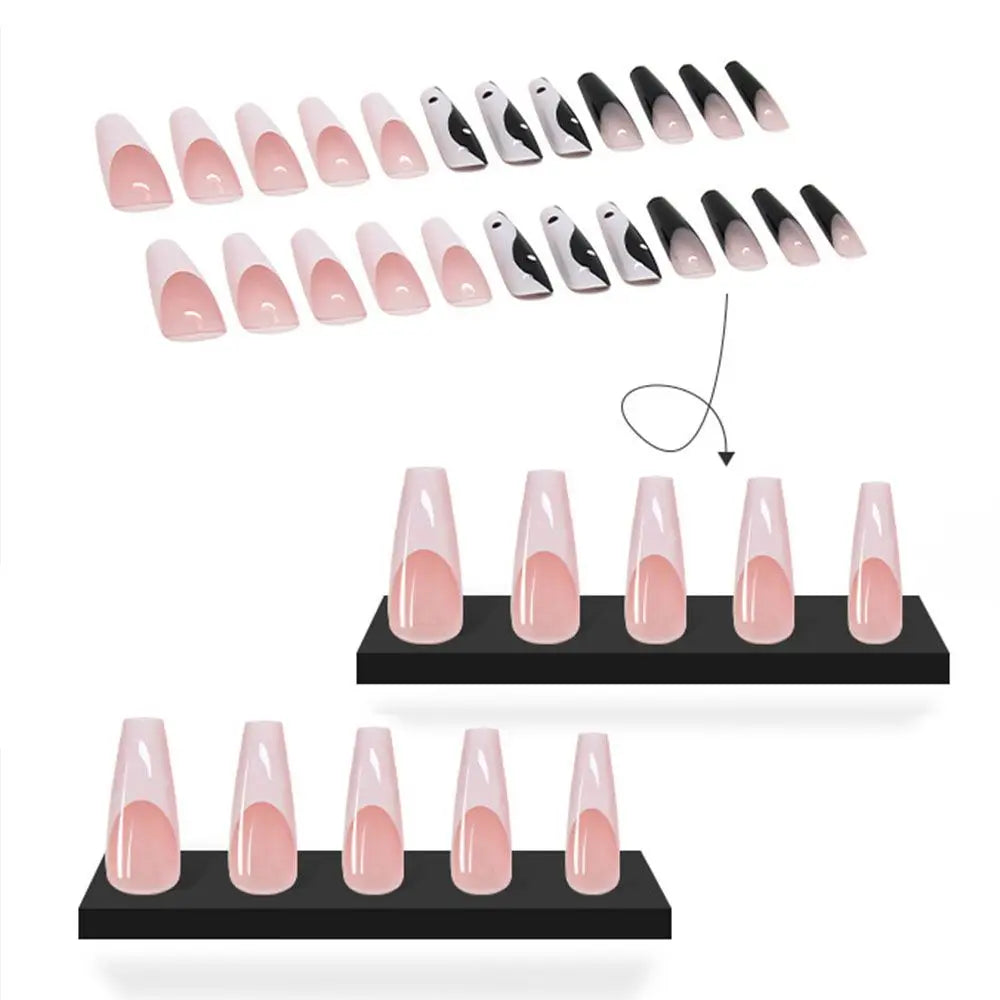 24Pcs Long Coffin False Nails White Black Designs Wearable French Ballerina Fake Nails Press On Full Cover Manicure Nail Tips
