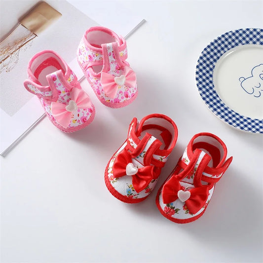 0-18months Baby Girls Flat Shoes Soft Sole Bowknot Flower Print Non-Slip