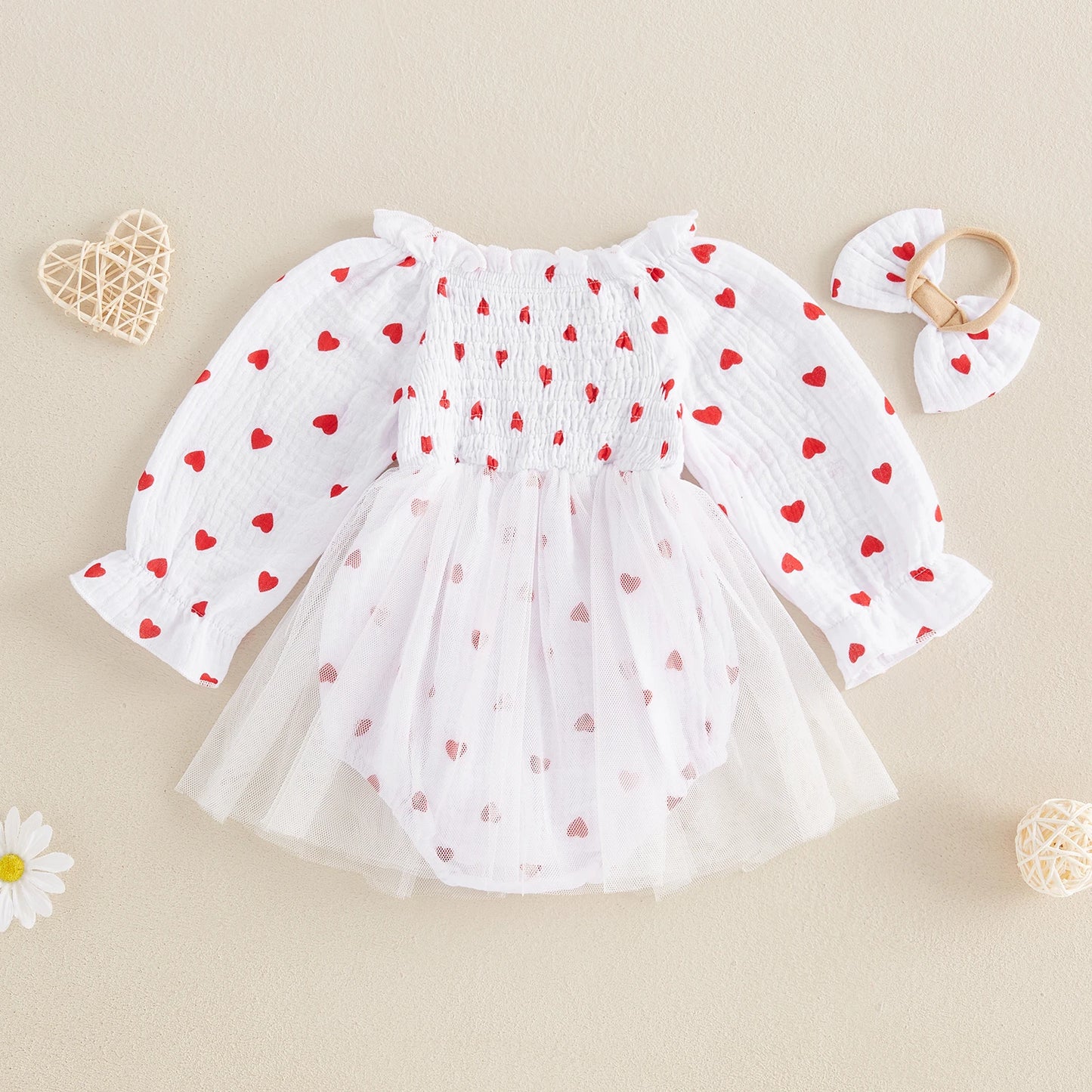 Baby Girl Autumn Romper Dress Long Sleeve Crew Neck Red Heart Print Jumpsuit with Bow Headband