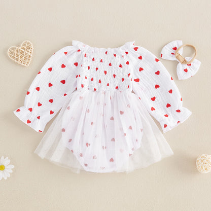 Baby Girl Autumn Romper Dress Long Sleeve Crew Neck Red Heart Print Jumpsuit with Bow Headband