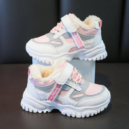 Girls Running Shoes Thick Soft Sole Students Sneakers with Fur 2024 Winter New Children Sports Shoes Non-slip Hook&loop Trendy