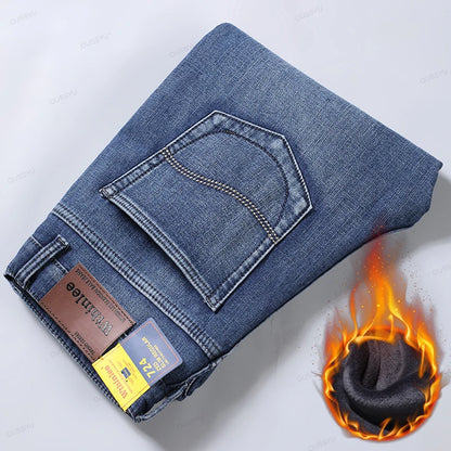 Winter Warm Fleece Classic Retro Jeans Men Thicken Stretch Blue Denim Pants Velvet Flocking Plush Trousers Male Streetwear