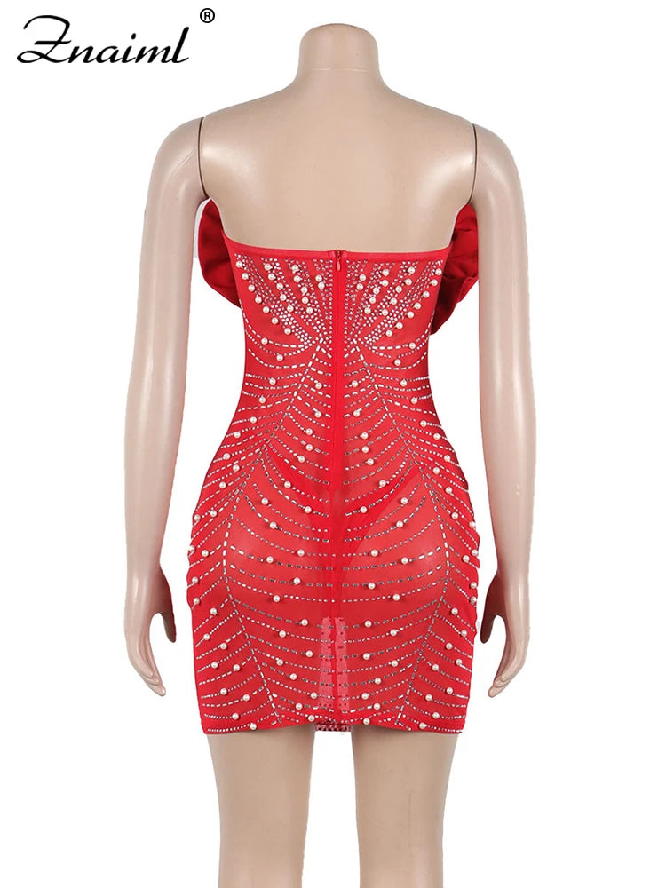 Znaiml Chic 3D Flower Rhinestones Peals Mesh Off Shoulder Bodycon Red Mini Dress Women Sexy Birthday Evening Prom New Year Robe